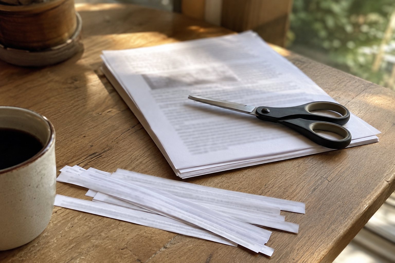 Bureau met een stapel geprinte artikelen waarvan de onderste stroken zijn afgeknipt en er los naast liggen, met een schaar erop