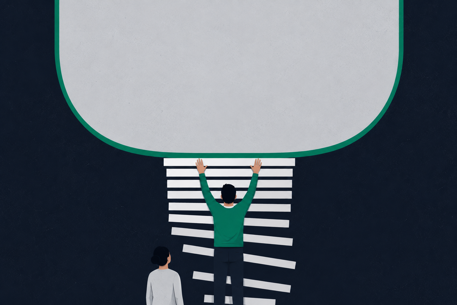 Illustratie: een groot lichtgrijs paneel klapt uit en duwt dunne witte balken uit beeld terwijl iemand ze probeert tegen te houden.