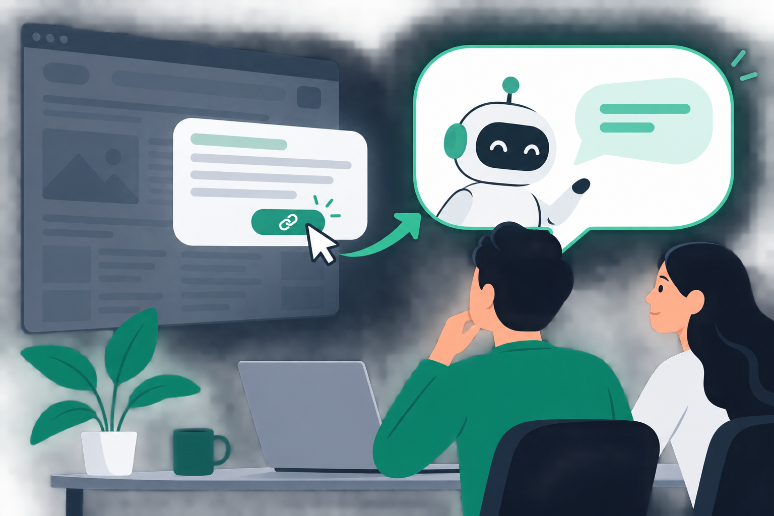 Illustratie: een cursor klikt op een link onder een antwoordblok en landt in een gespreksbel met vervolgvragen, terwijl de website die de bron was op de achtergrond vervaagt.