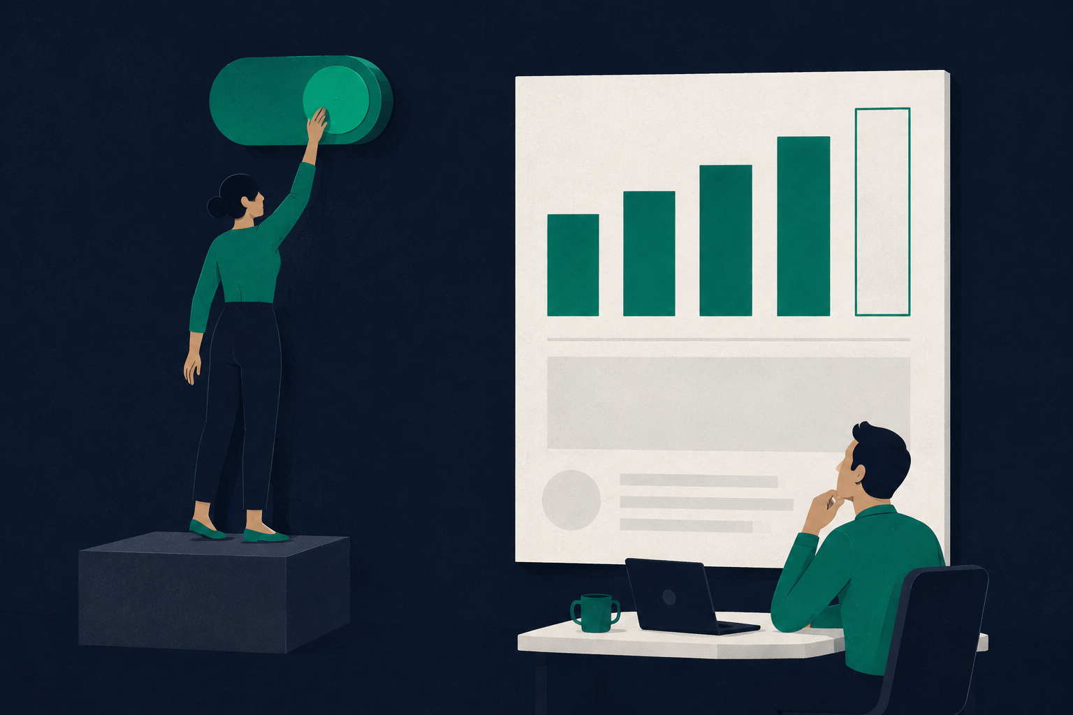 Illustratie: een vrouw zet een grote groene schakelaar om, terwijl op het dashboard ernaast de laatste staaf leeg blijft.