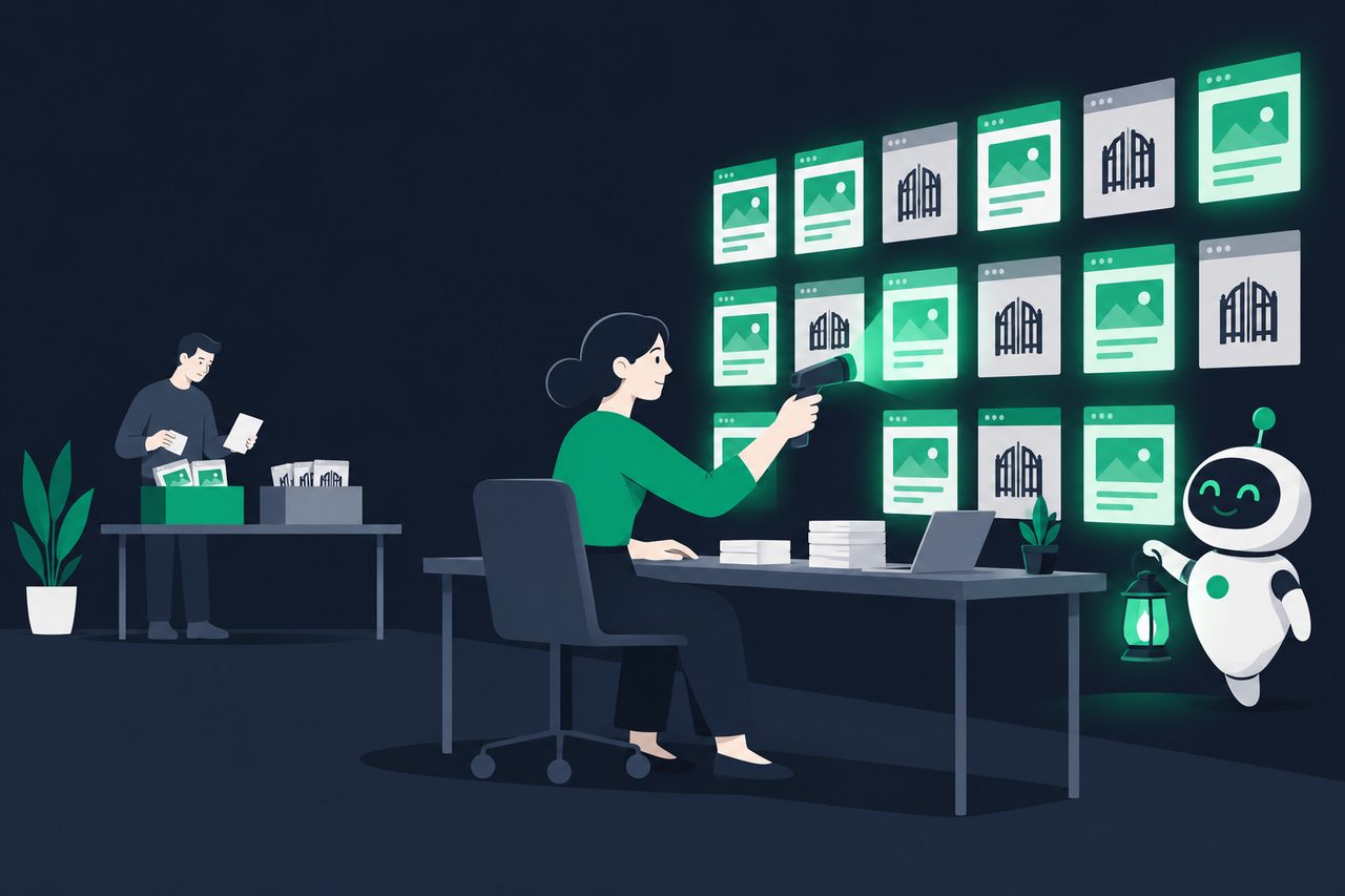 Illustratie: een vrouw scant een wand met websitekaarten, de meeste lichten groen op en een paar tonen een gesloten hek, terwijl een zoekrobot met een lantaarn ernaast wacht