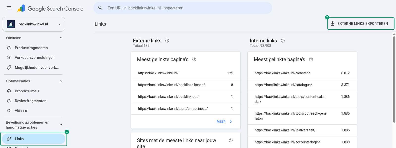 Het Links-rapport in Google Search Console voor backlinkswinkel.nl, met het menu-item Links en de knop Externe links exporteren gemarkeerd