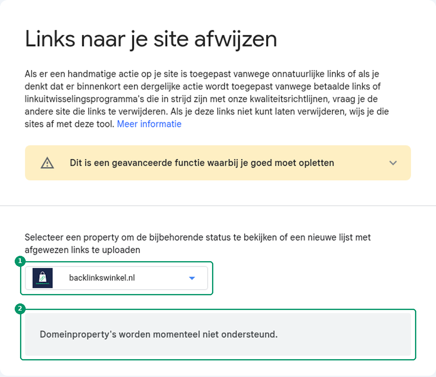 De disavow-tool met een domeinproperty gekozen en de melding dat domeinproperty's niet worden ondersteund