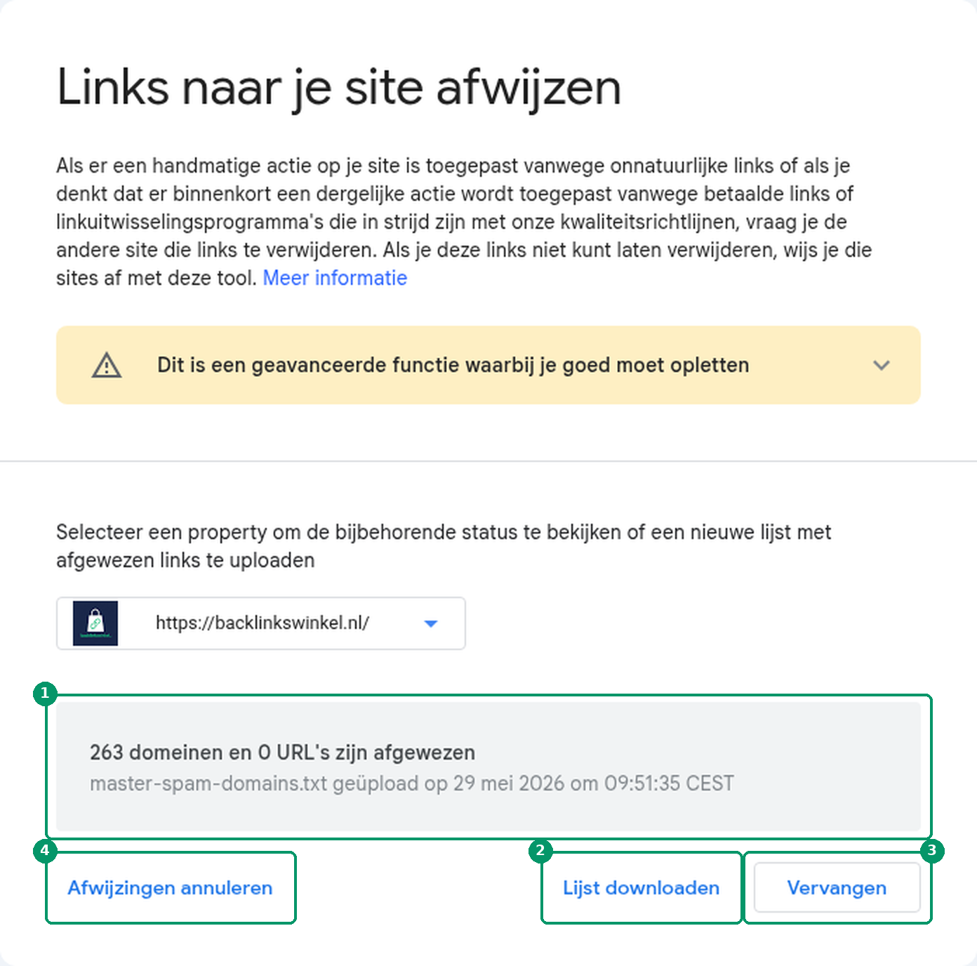 De disavow-tool voor https://backlinkswinkel.nl/ met de actieve lijst van 263 domeinen en de knoppen Lijst downloaden, Vervangen en Afwijzingen annuleren