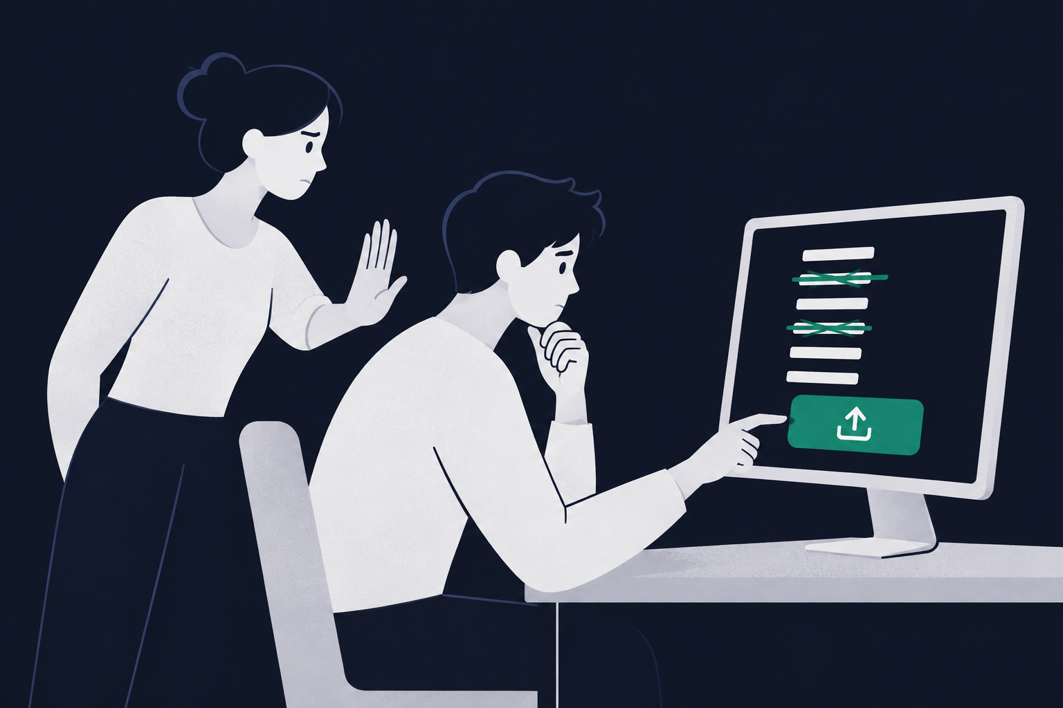Illustratie: iemand aarzelt met de vinger boven een groene uploadknop terwijl een tweede persoon een hand opsteekt om te stoppen.