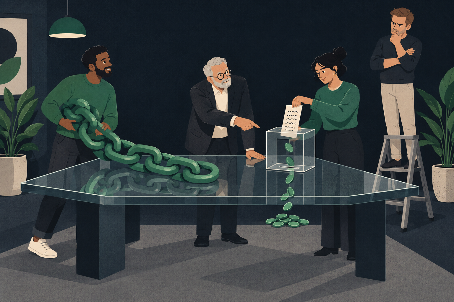 Illustratie: een man sjouwt een lange groene ketting naar een glazen tafel, terwijl een vrouw één beschreven vel in een glazen doos laat vallen waar groene munten uit rollen en een oudere man naar dat vel wijst.