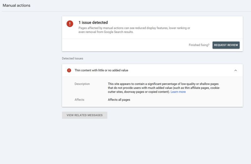 Search Console-rapport Handmatige acties met één gedetecteerd probleem: thin content with little or no added value, geldt voor alle pagina's