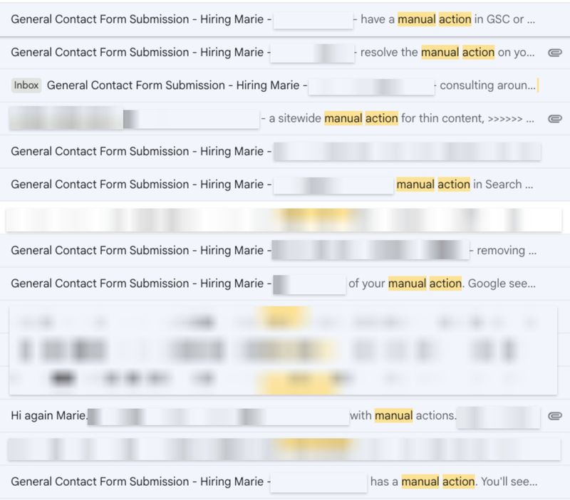 Inbox van Marie Haynes met een reeks contactformulieren over handmatige acties in Search Console, namen en details vervaagd