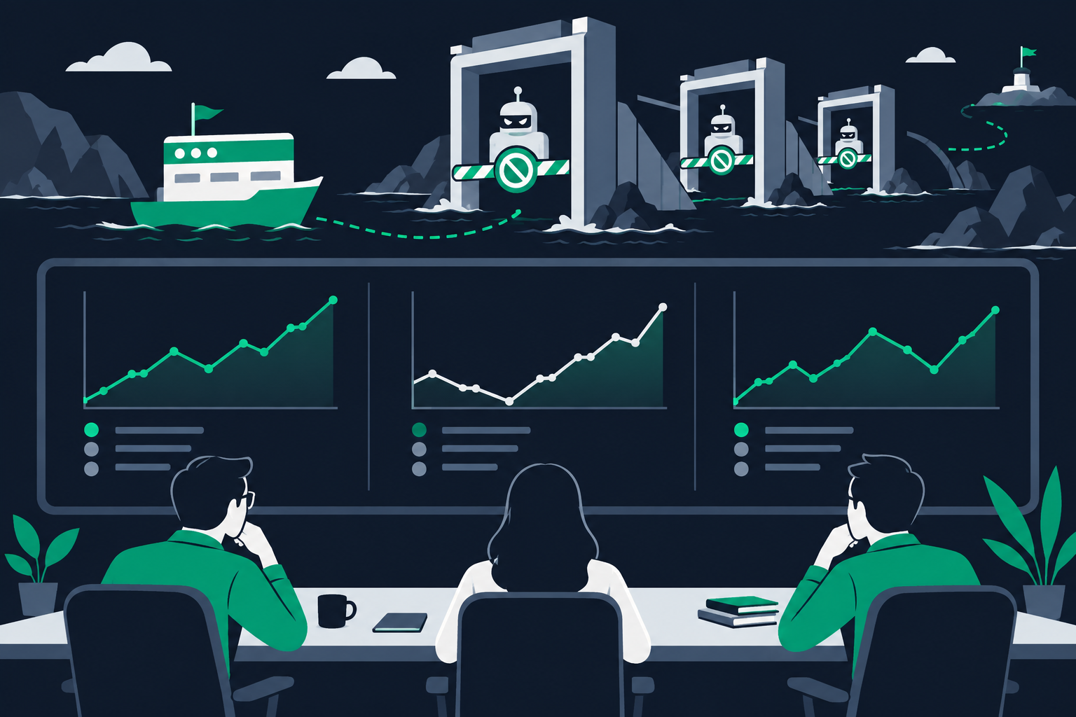 Illustratie: drie analysts aan bureaus kijken elk naar een eigen grafiek op een groot scherm, terwijl een websiteschip tussen Google-poortjes door vaart die robots tegenhouden.