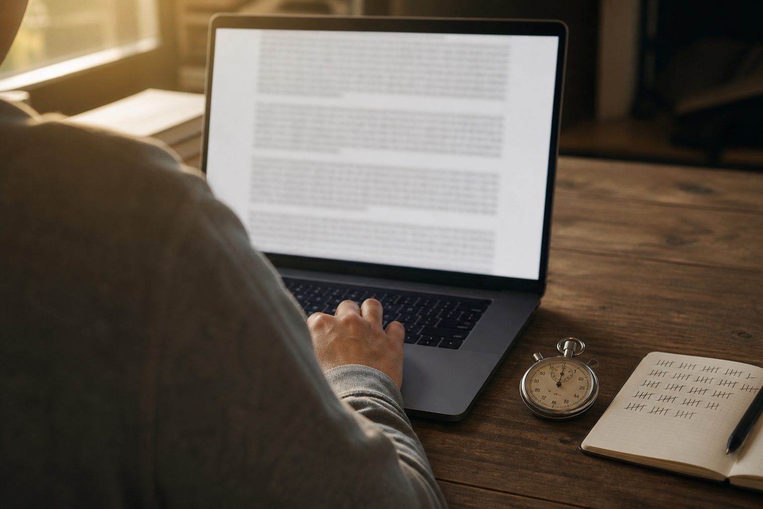 Over de schouder van iemand die een lang artikel leest op een laptop, met een analoge stopwatch en een notitieboekje met turfstreepjes naast het toetsenbord