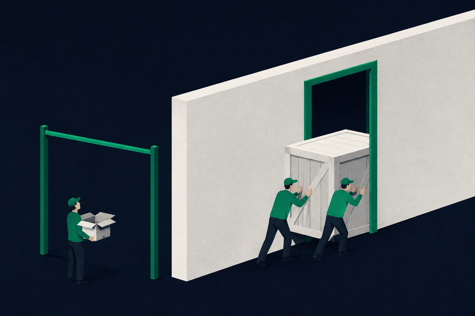 Illustratie: twee werkers duwen een verzegelde krat door een poort in een witte muur, terwijl een derde met een lege doos buiten blijft staan achter een groene lat.