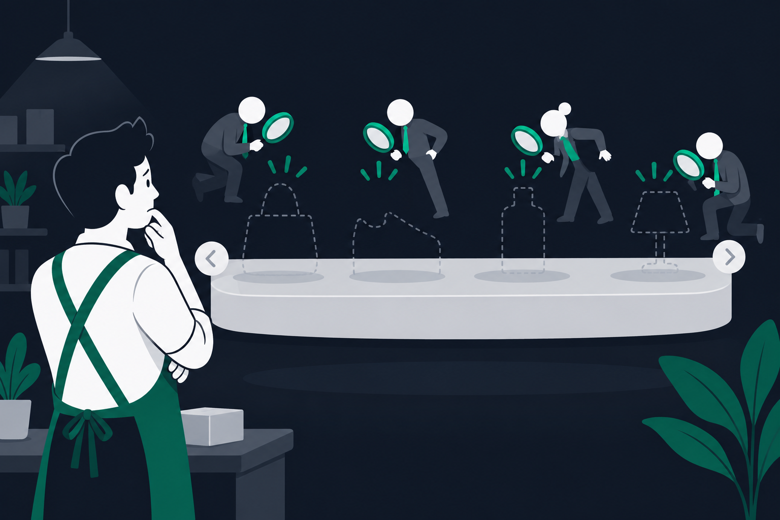 Illustratie: een webshopeigenaar kijkt naar een lege productcarrousel met achtergebleven sporen, terwijl vergelijkers met vergrootglazen de vrijgekomen plek bezetten.