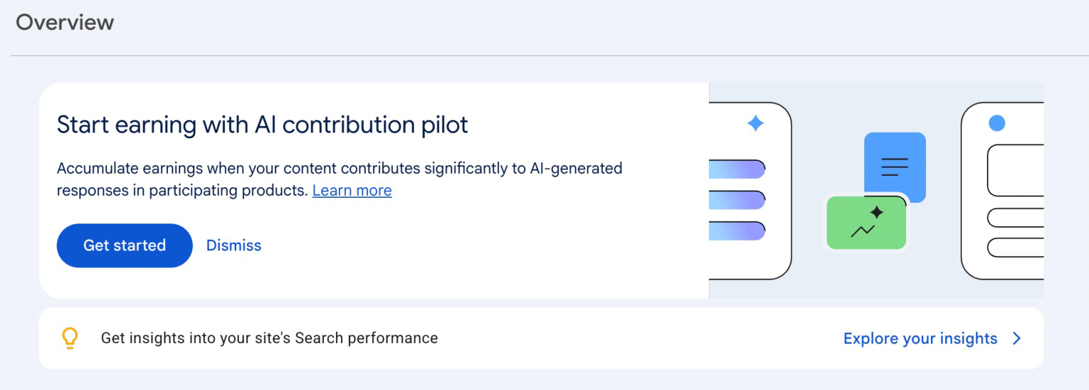 Kaart Start earning with AI contribution pilot in het overzicht van Search Console