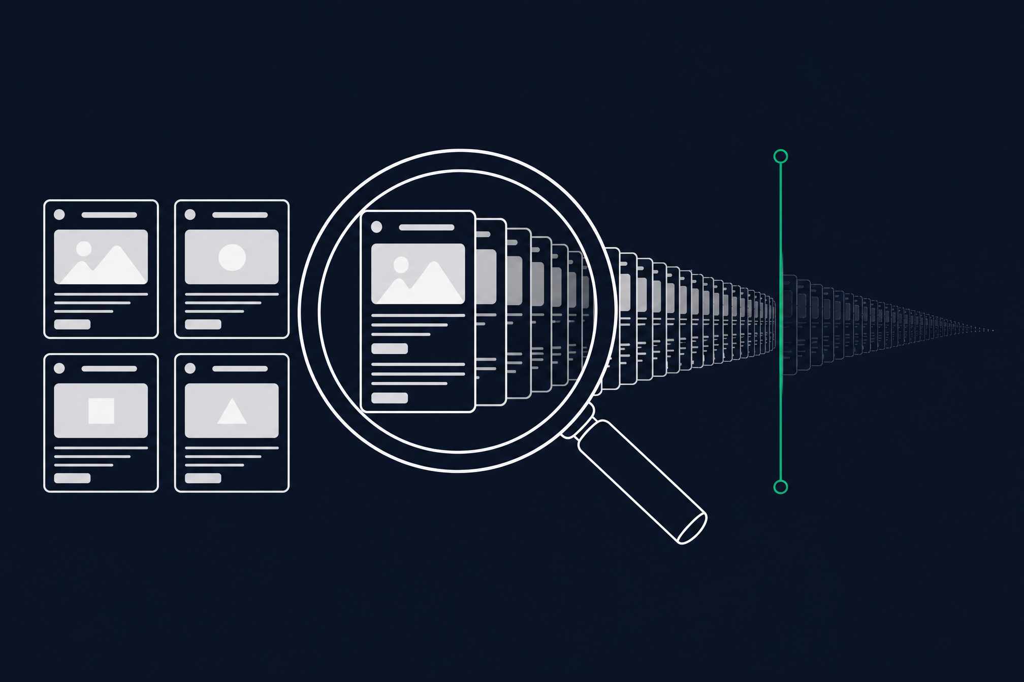 Vergrootglas boven een raster van webpagina's waarachter een eindeloze rij identieke pagina's in de diepte verdwijnt