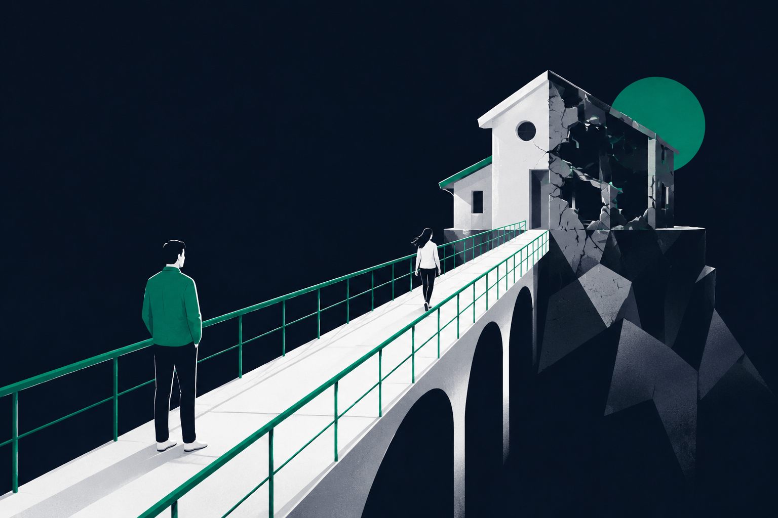 Illustratie: een intacte witte brug met groene leuning loopt naar een gebouw dat aan de overkant half is ingestort.