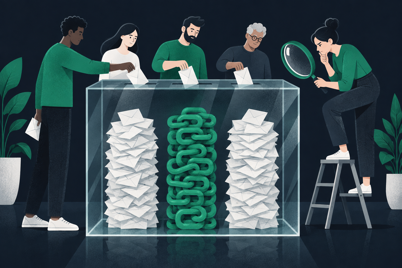 Illustratie: vijf mensen gooien stembriefjes in een glazen stembus waarin drie stapels groeien, de middelste van groene schakels, terwijl een vrouw op een trapje de stapels door een vergrootglas bekijkt.