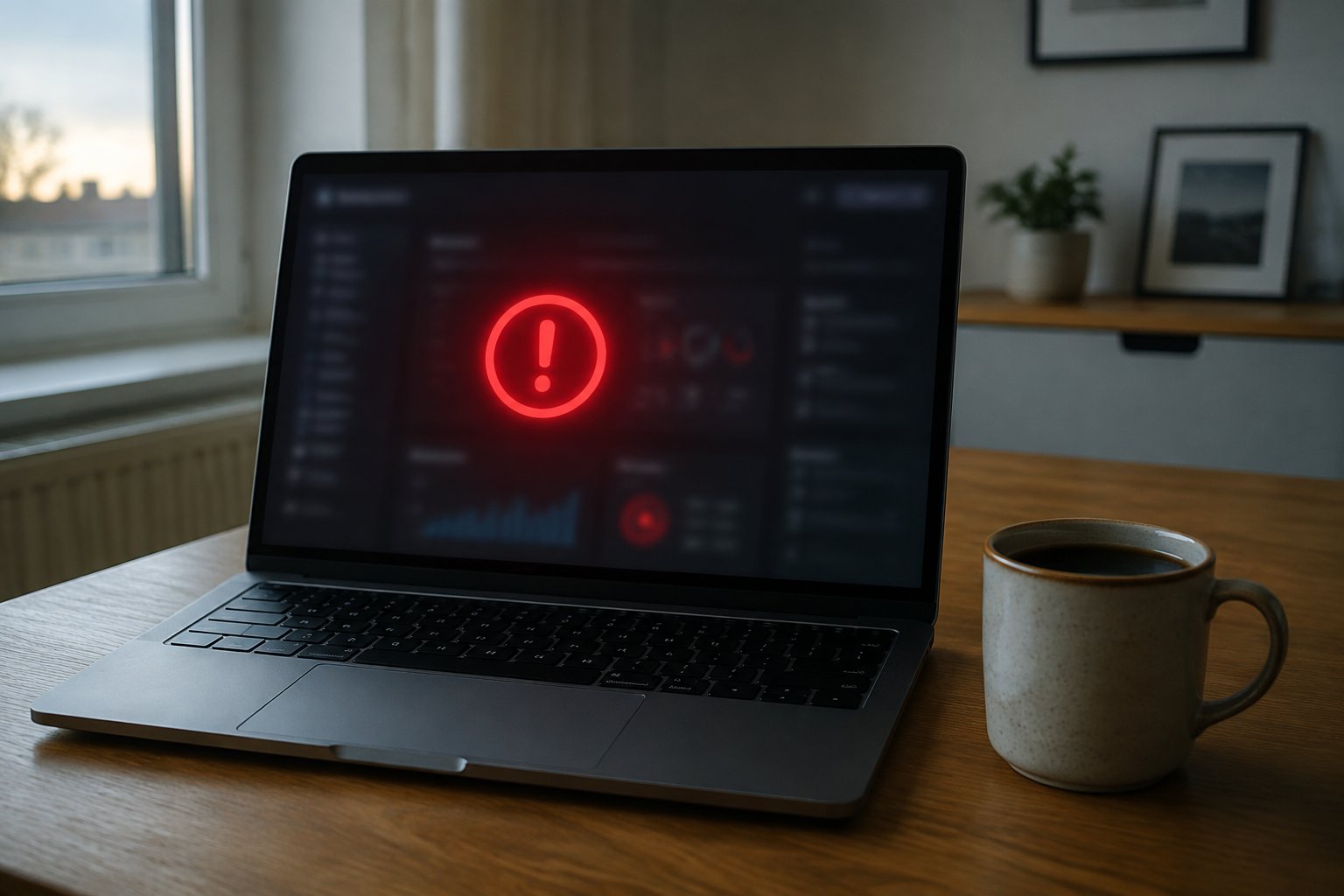 Laptop op een houten bureau met op het scherm een rode waarschuwingscirkel in een vervaagd dashboard, ernaast een mok koffie