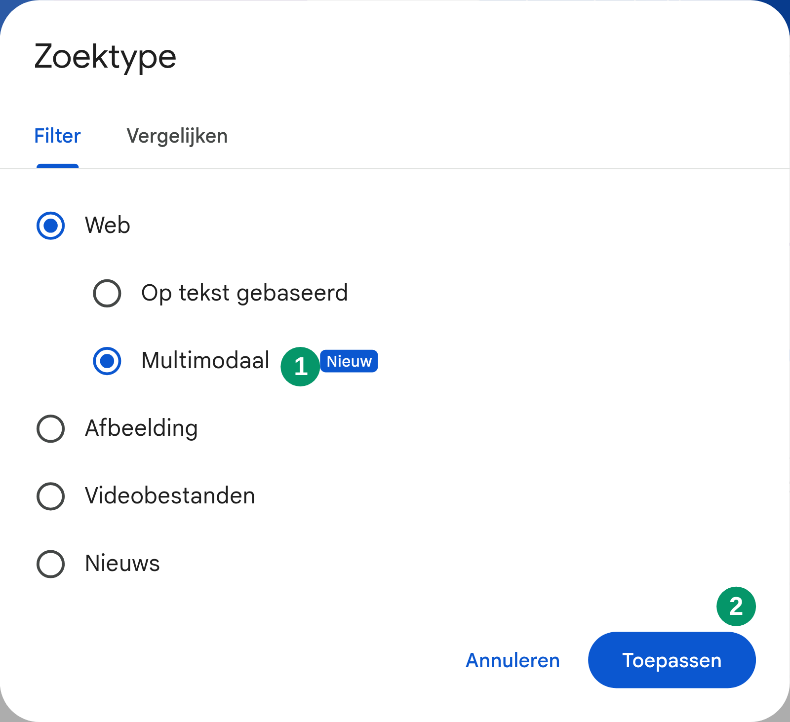 Echt Search Console-filter: marker 1 bij Multimodaal en marker 2 bij Toepassen.