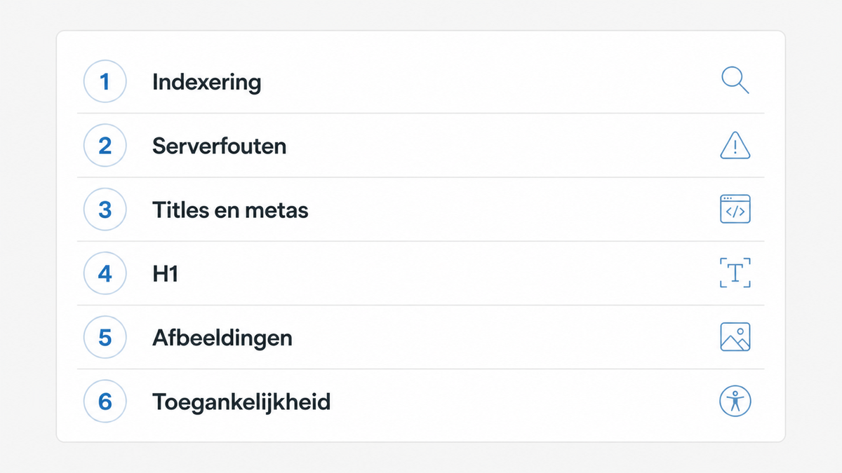 Prioriteitenlijst van een SEO-check: indexering, serverfouten, titles en metas, H1, afbeeldingen, toegankelijkheid