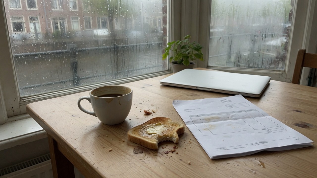Keukentafel met koffie, een hap toast en een factuur naast een dichte laptop