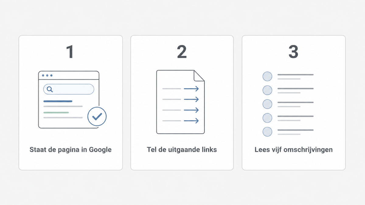 Drie controlestappen voor een startpagina: staat de pagina in Google, tel de uitgaande links, lees vijf omschrijvingen