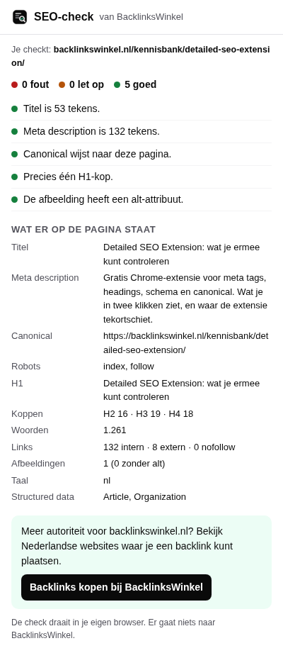 SEO-check op een kennisbankartikel van BacklinksWinkel: alles goed, met titel, meta, canonical, robots, H1, koppen, woorden, links en structured data