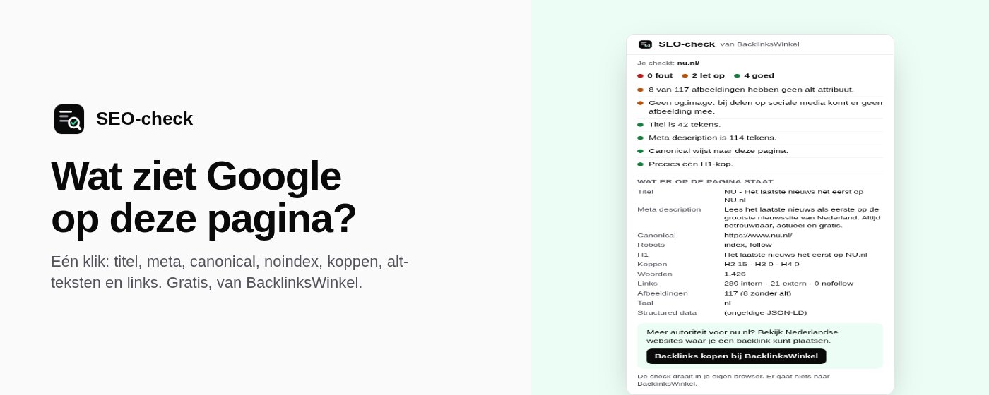 SEO-check van BacklinksWinkel: wat ziet Google op deze pagina? Eén klik voor titel, meta, canonical, noindex, koppen, alt-teksten en links