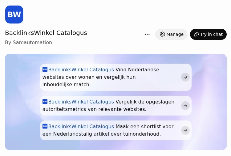 De pagina van BacklinksWinkel Catalogus in ChatGPT met drie voorbeeldvragen over wonen, autoriteitsmetrics en tuinonderhoud