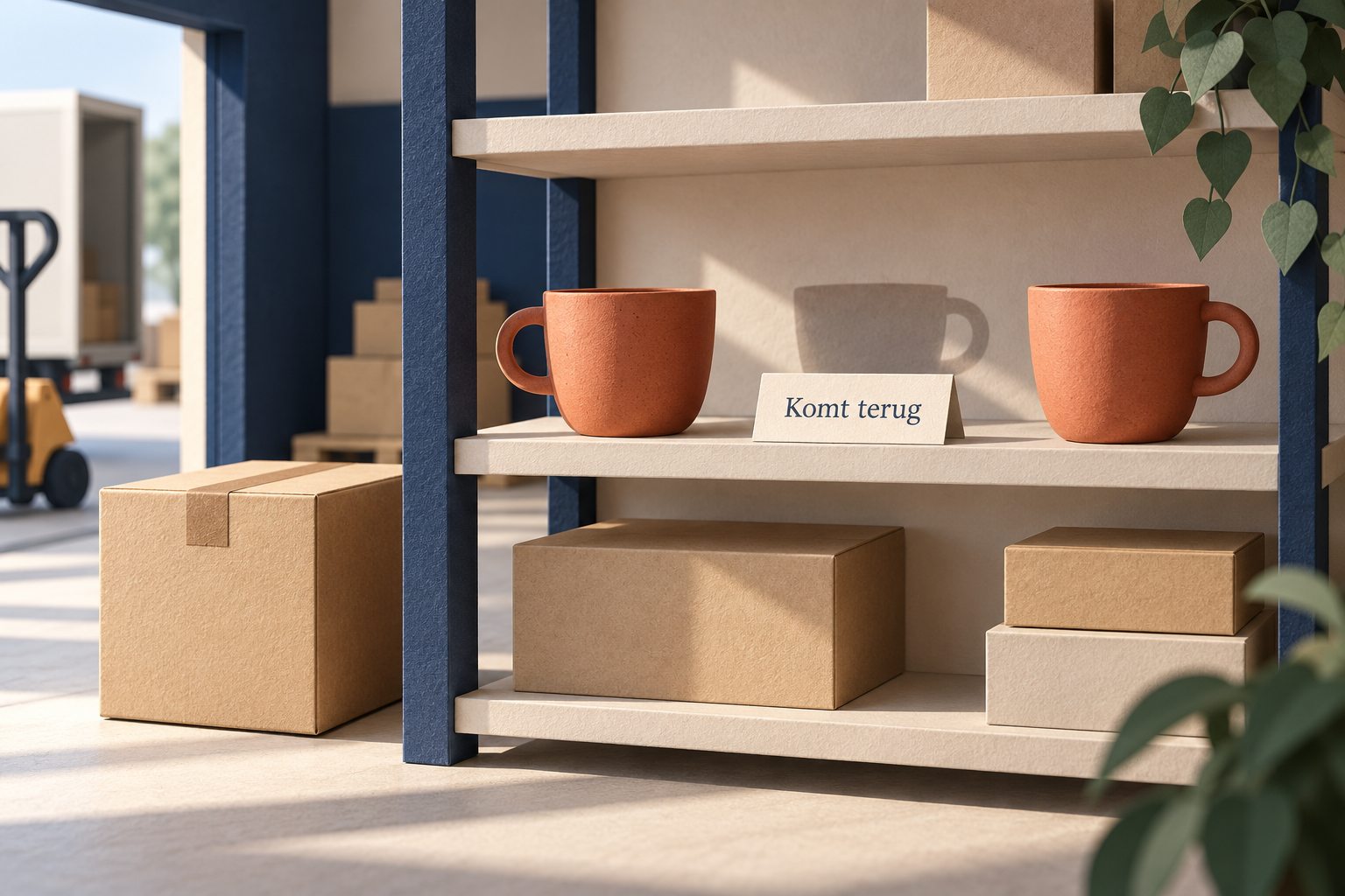 Lege plek tussen koffiemokken met het bordje Komt terug