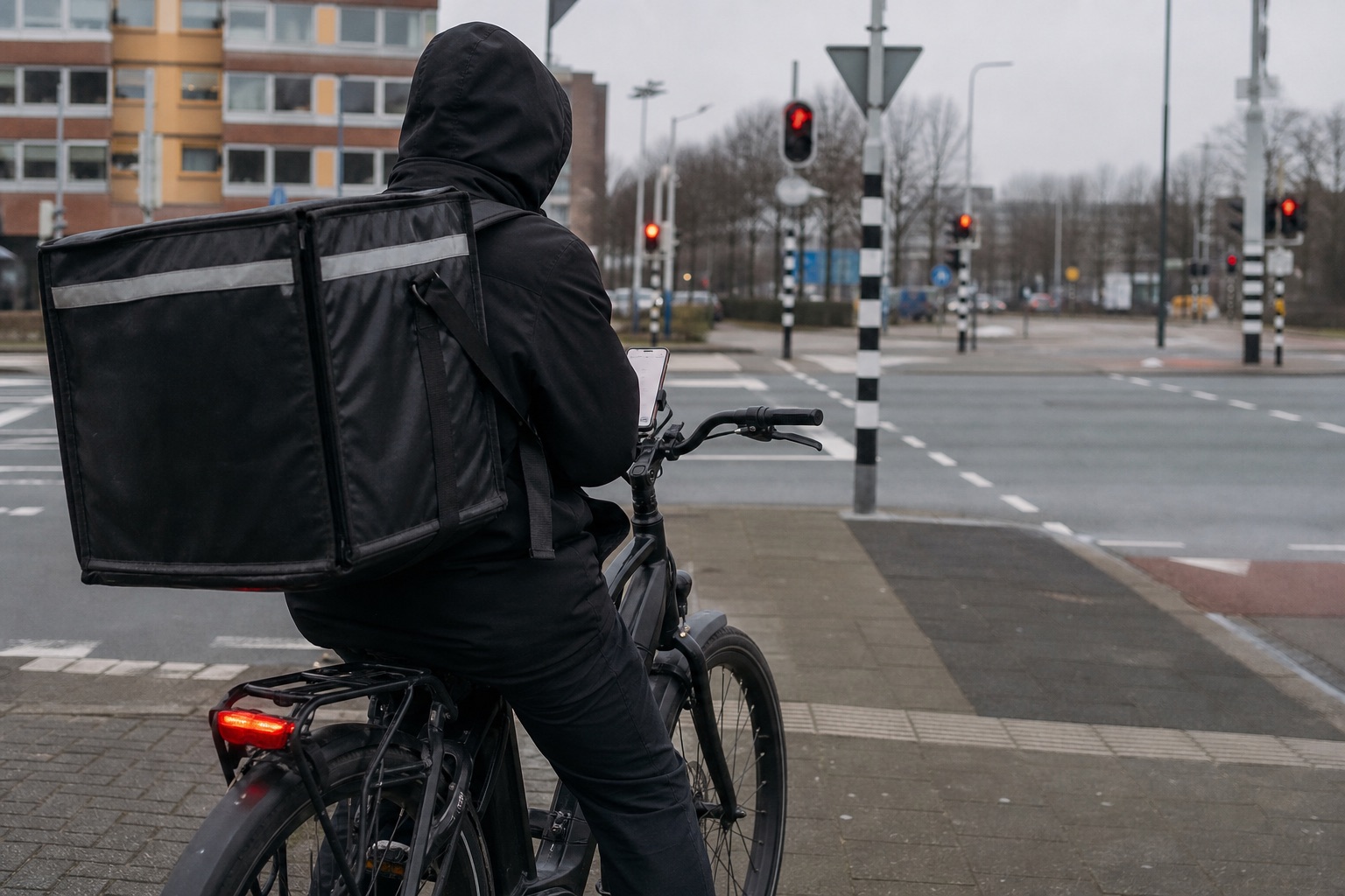 Bezorger op een e-bike met bezorgtas en telefoon op het stuur, wachtend voor een stoplicht