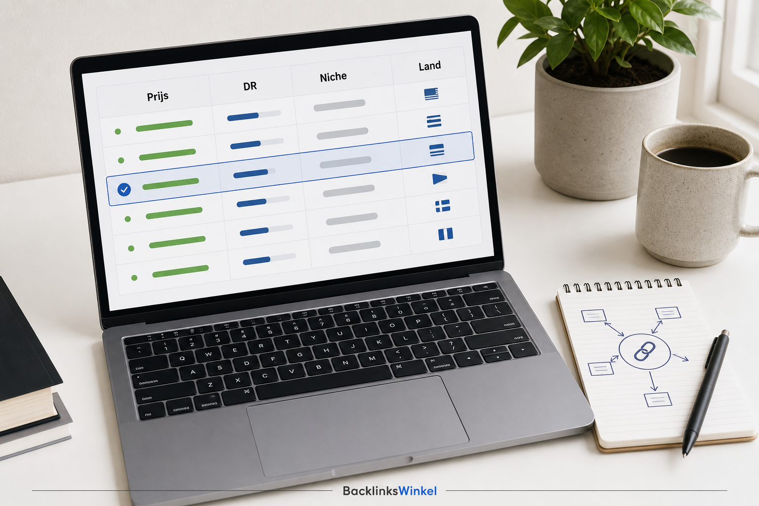 BacklinksWinkel catalogus met prijs, DR, niche en land per backlinkplaatsing