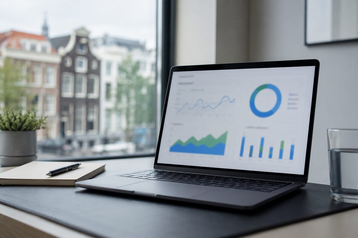 Werkplek met laptop die een SEO-dashboard toont, naast een notitieblok — beeld bij het opbouwen en rapporteren van een linkbuilding pakket